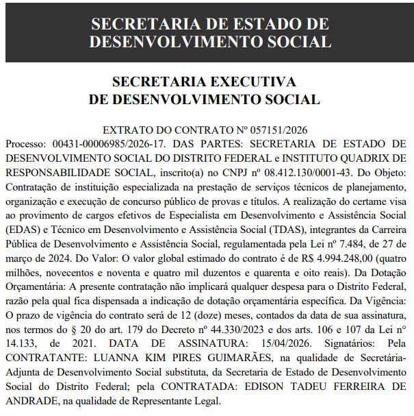 Extrato de contrato do Concurso Sedes DF 2026