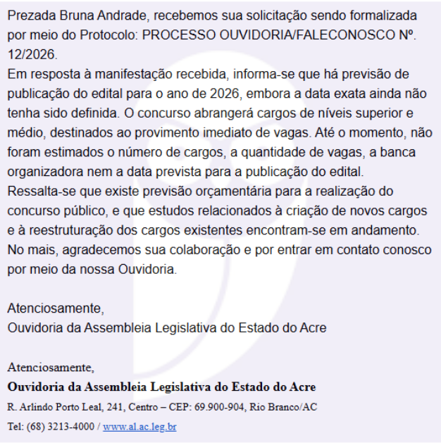 Novo concurso ALEAC segue previsto para 2026