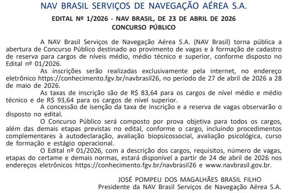 Concurso NAV Brasil 2026: publicado o extrato de EDITAL!