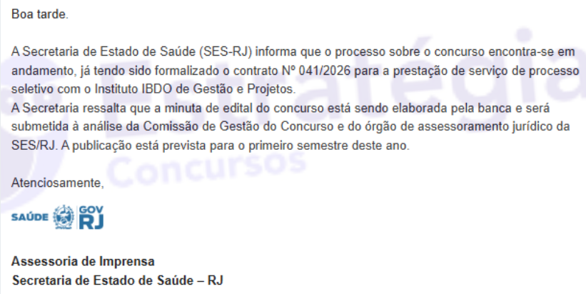 Edital do novo concurso SES RJ será publicado até junho de 2026