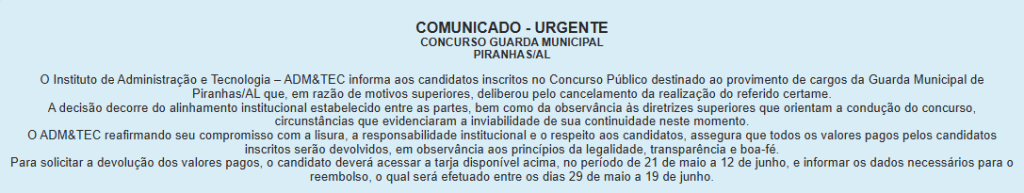 Concurso GCM Piranhas AL cancelado