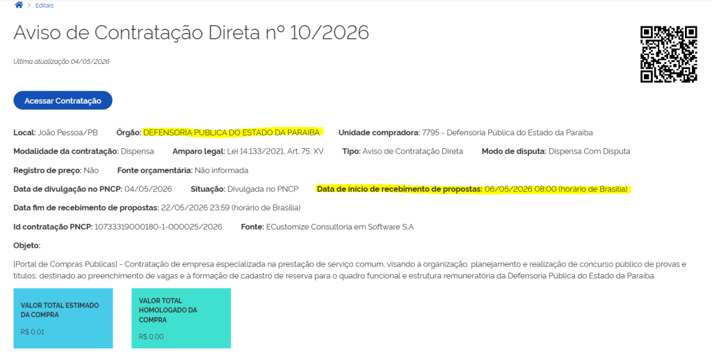 Recebimento das propostas de 06 a 22 de maio para realização do concurso DPE PB