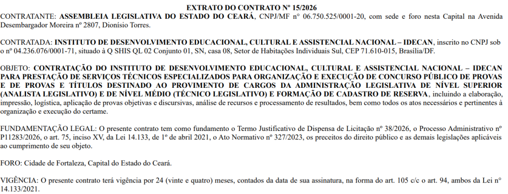 Extrato de contrato do IDECAN para o concurso ALECE