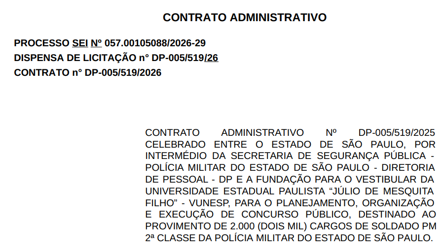 Vunesp é contratada como banca do novo concurso PM SP Soldado 2026