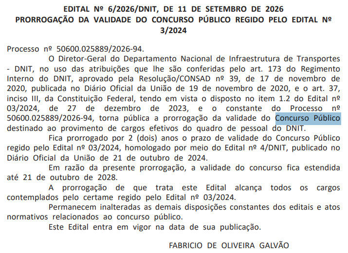 Concurso DNIT: validade prorrogada