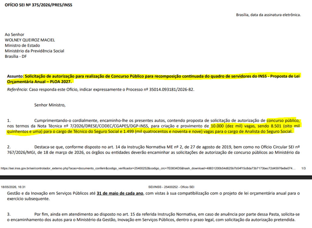 Pedido do INSS ao MGI solicitando a autorização de novos cargos de Analista e Técnico para o órgão. O pedido foi realizado em 15 de maio de 2026.