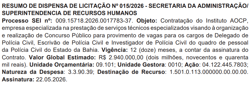 Contrato com Instituto AOCP é assinado para realização do novo concurso PC BA