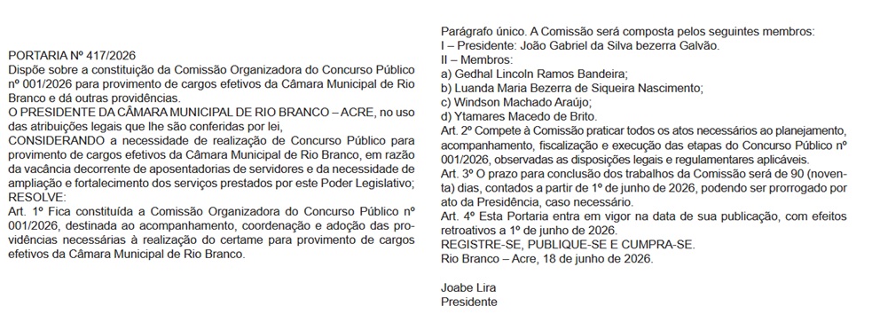 Concurso Câmara de Rio Branco: comissão formada; 30 vagas