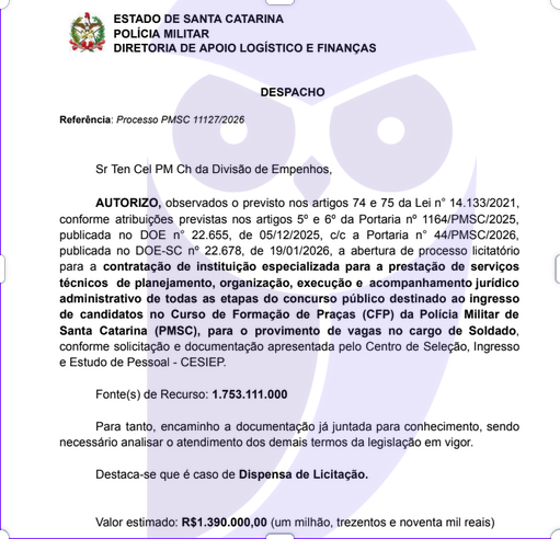Autorizada a contratação da banca do Concurso PM SC para Soldado