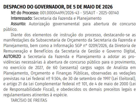 Autorização do concurso Analista de Planejamento SP