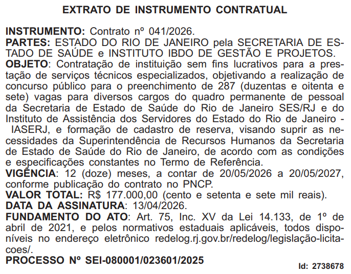 Extrato de contrato do IBDO como banca do concurso SES RJ