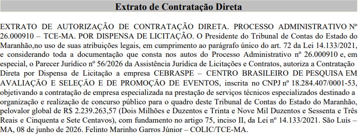 Concurso TCE MA: publicado contrato com o Cebraspe