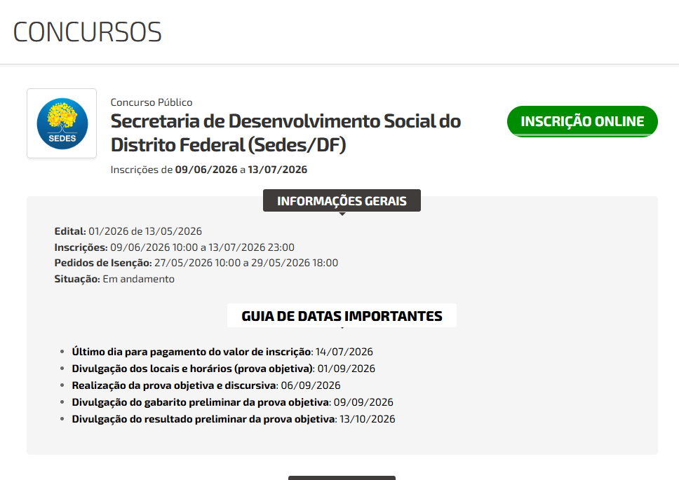 Concurso SEDES DF inscrições