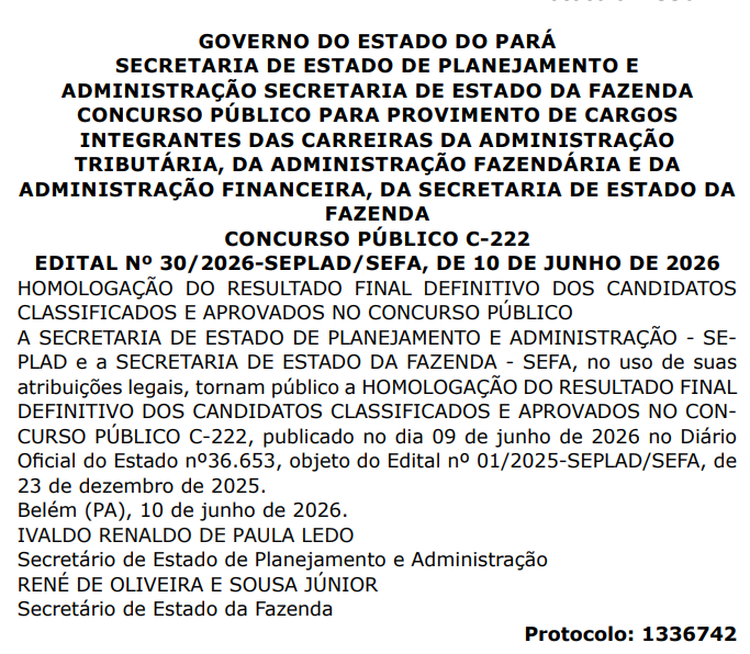 Concurso Sefa PA: resultado final é homologado!