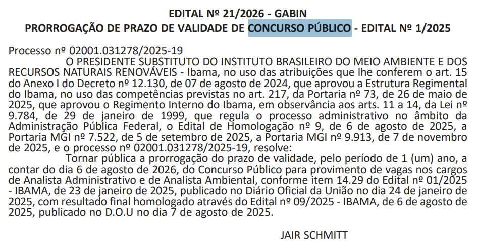 Concurso IBAMA tem validade prorrogada até 2027
