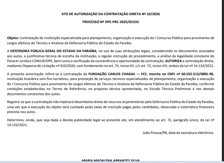 FCC é a banca organizadora do novo concurso DPE PB 2026