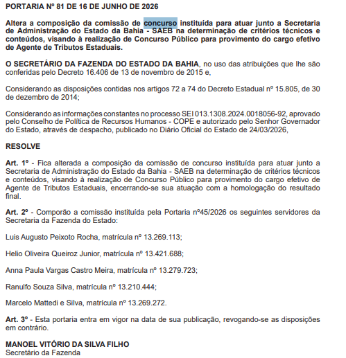 Concurso Sefaz BA tem comissão do cargo de Agente alterada