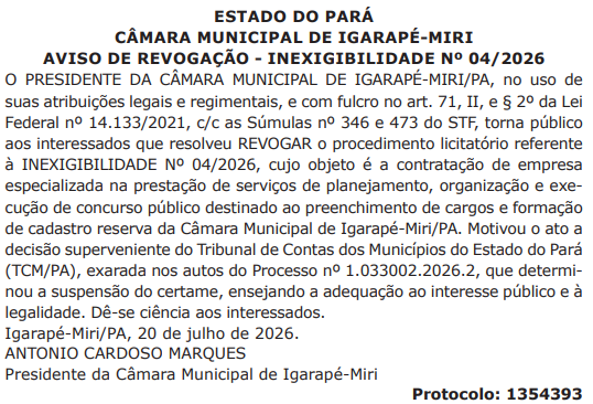 Concurso Câmara de Igarapé-Miri PA: edital é cancelado!
