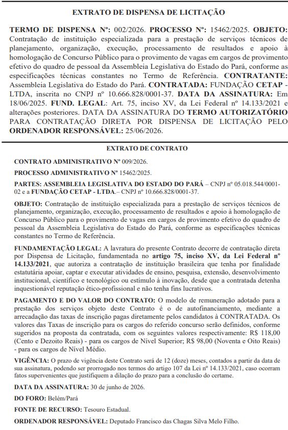 Concurso ALEPA: Fundação CETAP é contratada como banca
