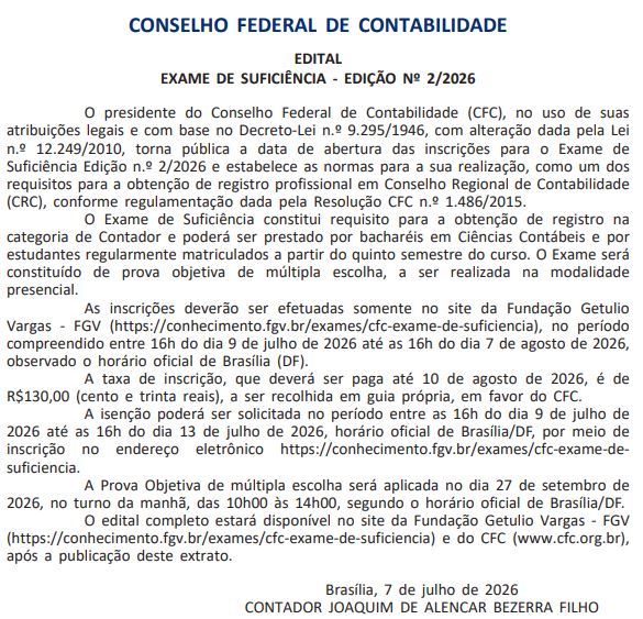 Edital Exame CFC 2026.2: inscrições começam amanhã (9)!