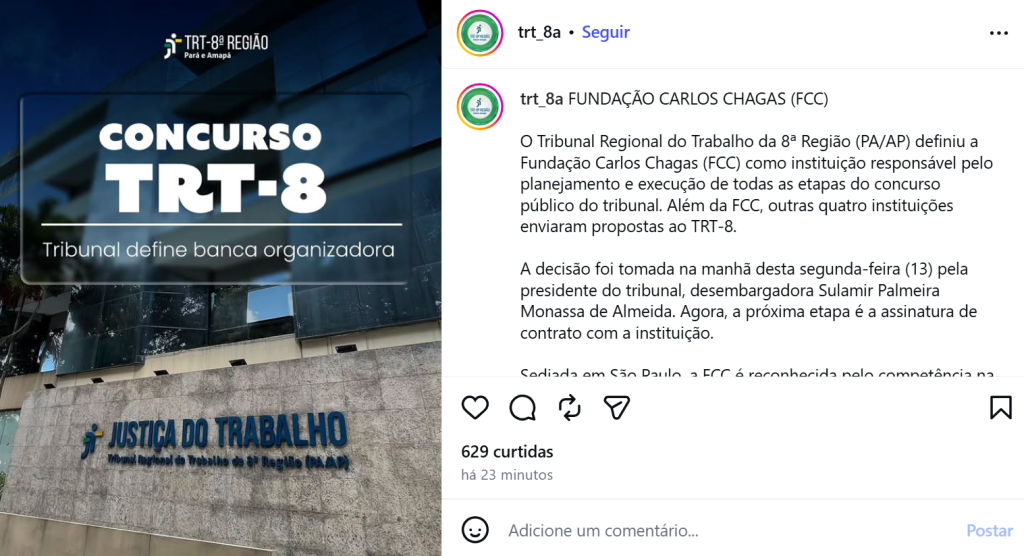 Escolha da FCC divulgada em redes sociais no dia 13 de julho de 2026