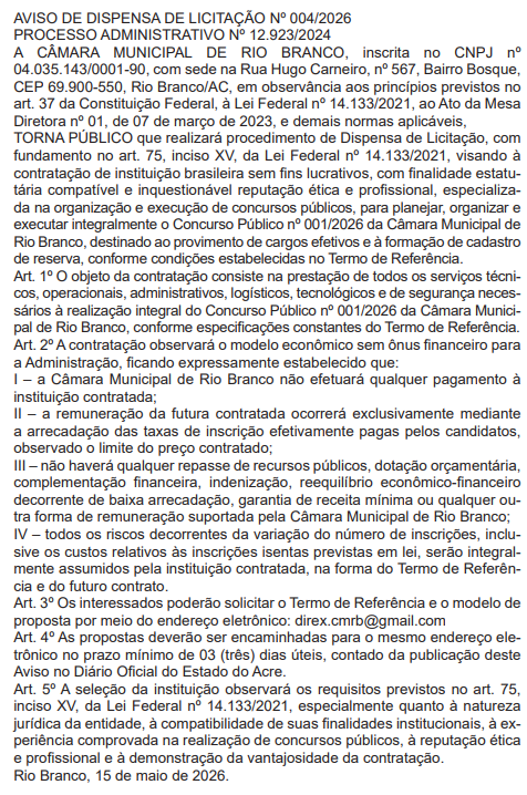 Concurso Câmara de Rio Branco: banca em definição!