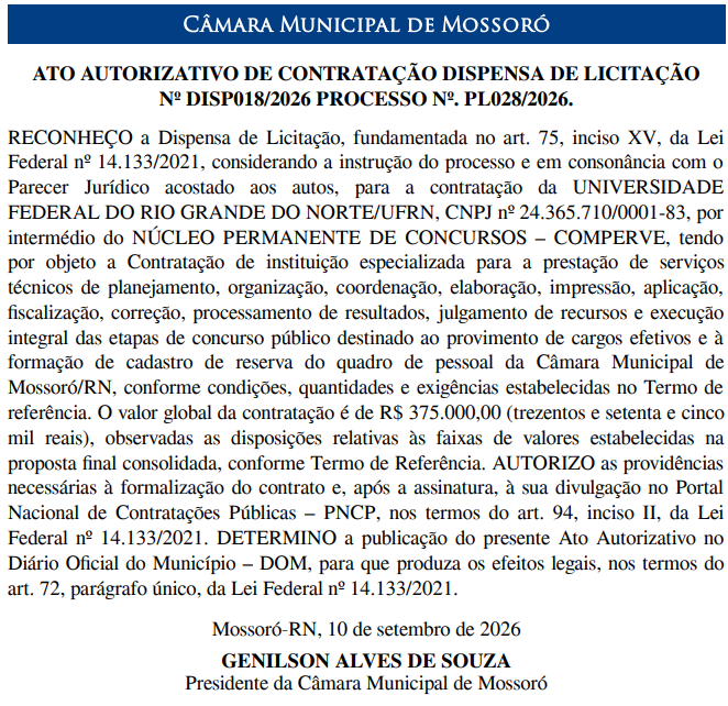 Ato autorizativo de contratação da Comperve/UFRN como banca do Concurso Câmara de Mossoró RN