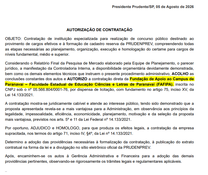 Concurso Prudenprev SP: autorização da contratação da banca!