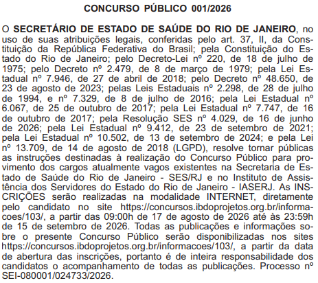 Concurso SES RJ: edital de 287 vagas sai nesta segunda (17)