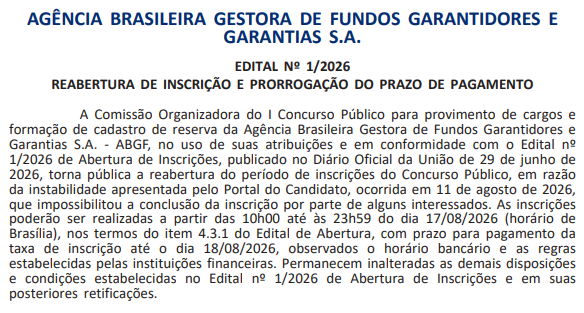 Concurso ABGF: inscrições serão reabertas segunda-feira (17)