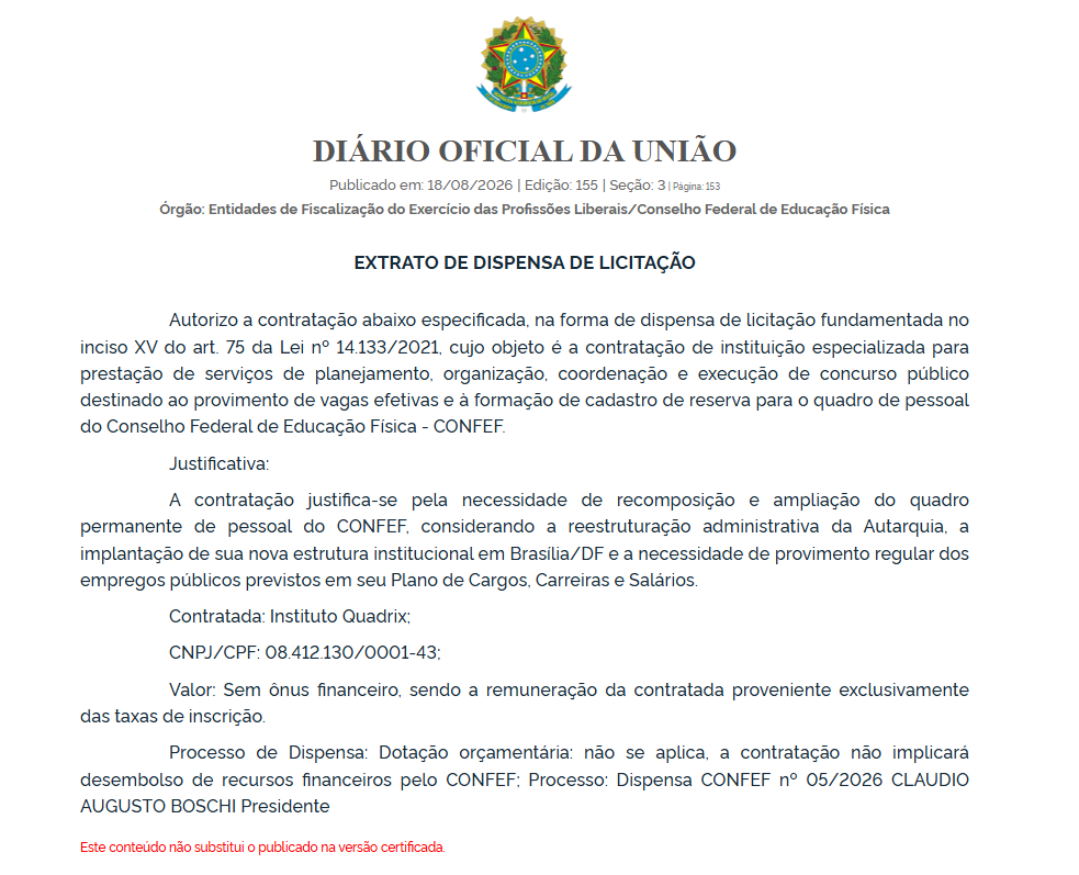 Concurso CONFEF: Instituto Quadrix é a banca! Veja!