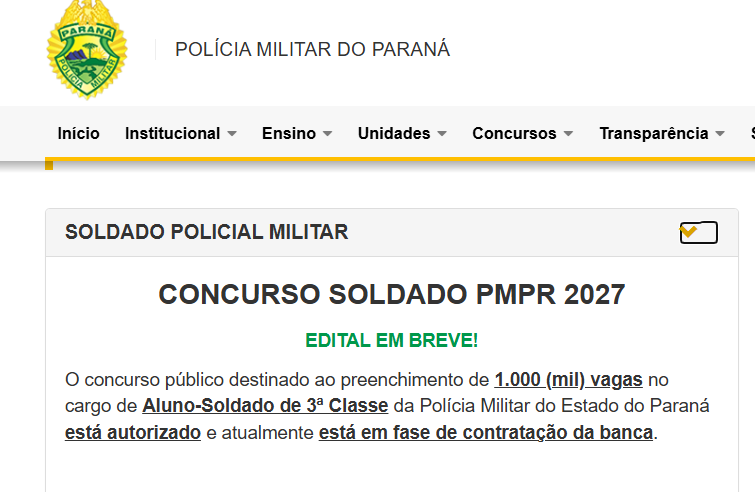 Concurso PM PR: mil vagas; em definição da banca 