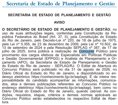 Concurso Seplag RJ: edital confirmado para 31 de agosto