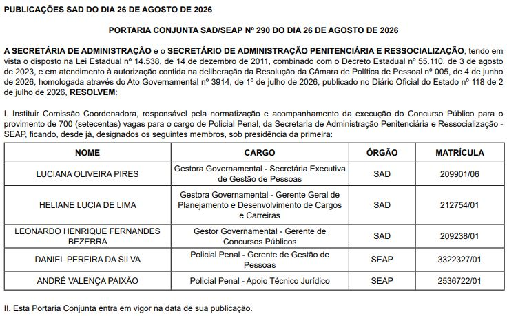 Concurso Polícia Penal PE 2026: comissão formada; 700 vagas!