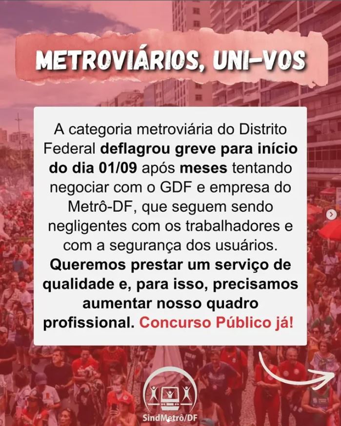 Concurso Metrô DF: metroviários decretam greve a partir de 1/9