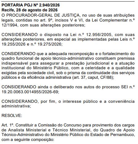 Concurso MP PE: comissão para novo certame é instituída!