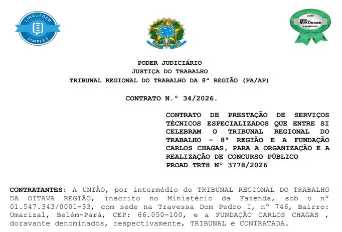 Concurso TRT 8 (AP/PA): contrato com a banca FCC é divulgado
