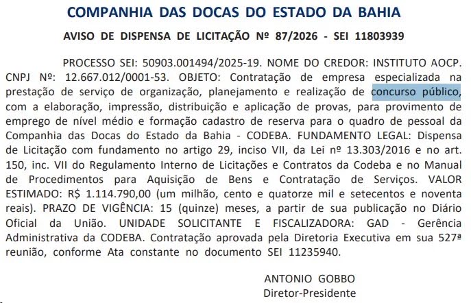 Concurso CODEBA: banca definida