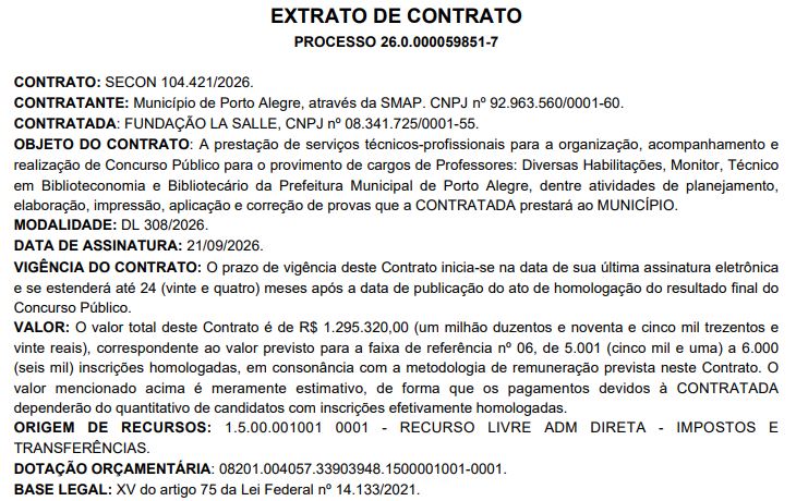 extrato de contrato concurso sme porto alegre