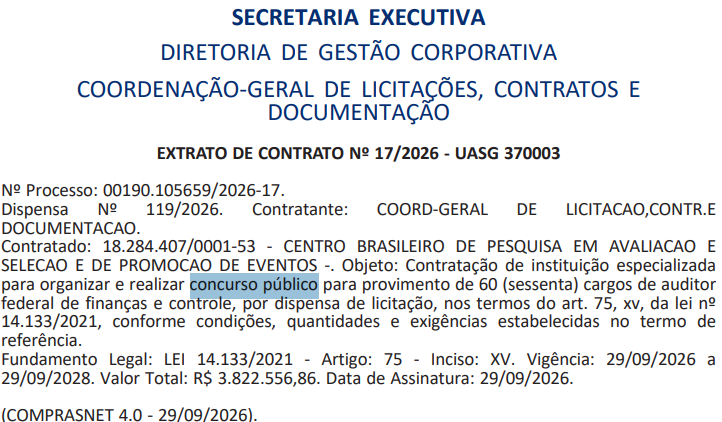 Concurso CGU: extrato de contrato com o Cebraspe