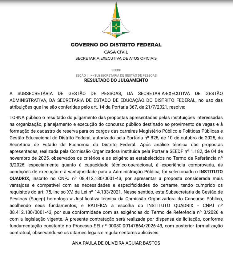 Concurso SEDF: banca definida