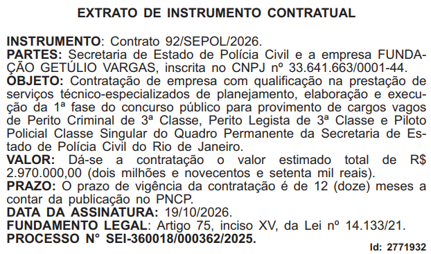 Concurso PC RJ: extrato de contrato