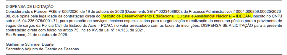 Concurso PC AC: IDECAN é a banca; 139 vagas
