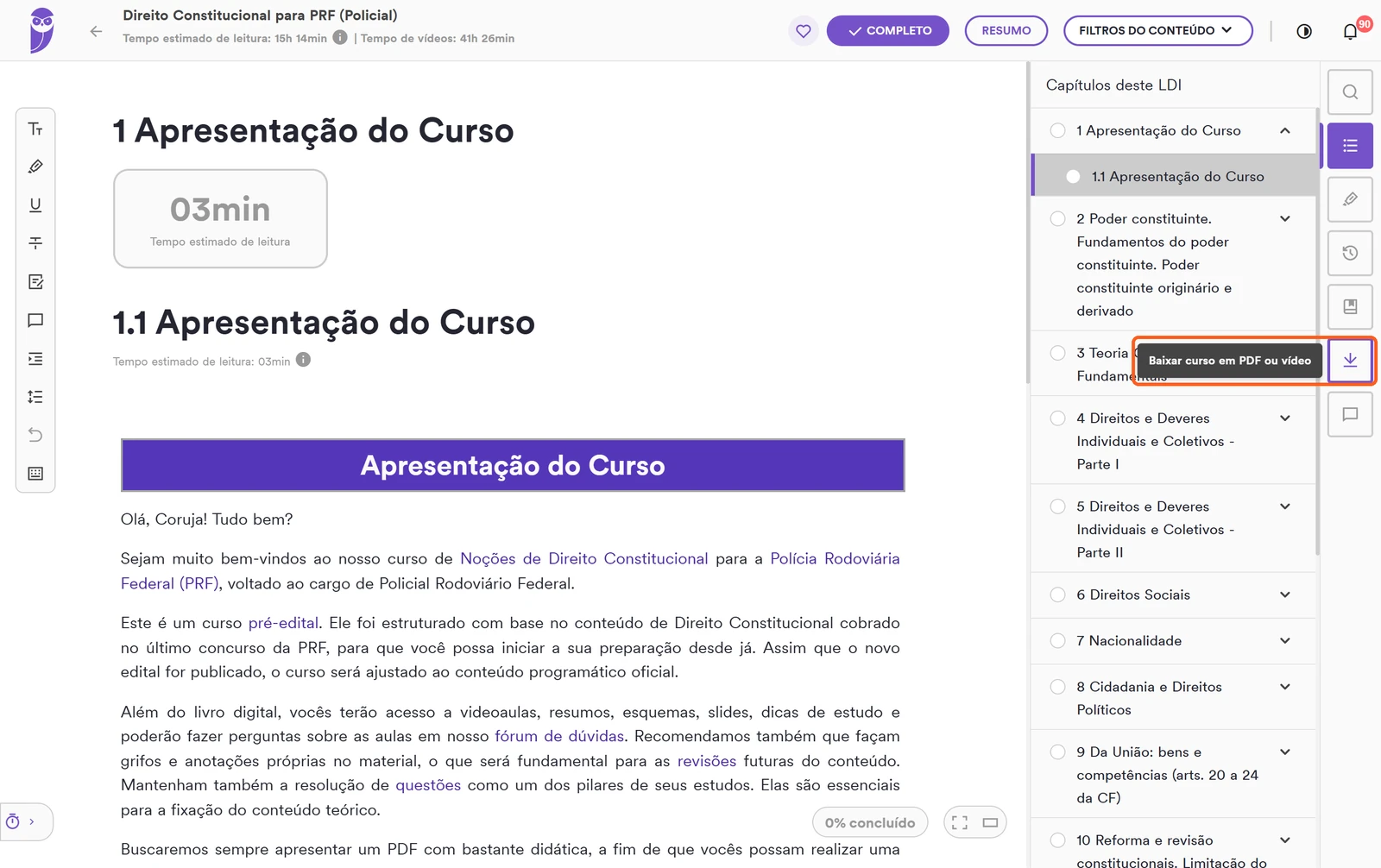 Ícone de download no menu lateral direito do LDI com a legenda Baixar curso em PDF ou vídeo