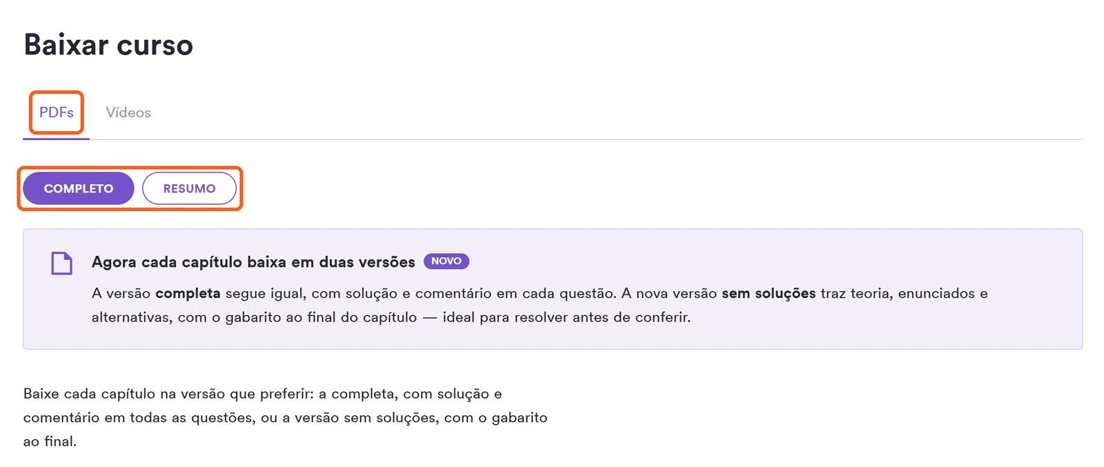 Tela Baixar curso do LDI com a aba PDFs e os botões Completo e Resumo destacados