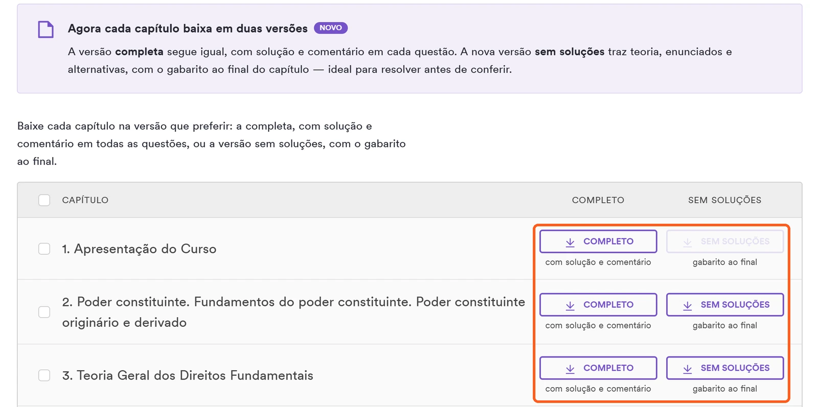 Lista de capítulos do LDI com os botões Completo e Sem soluções em cada linha