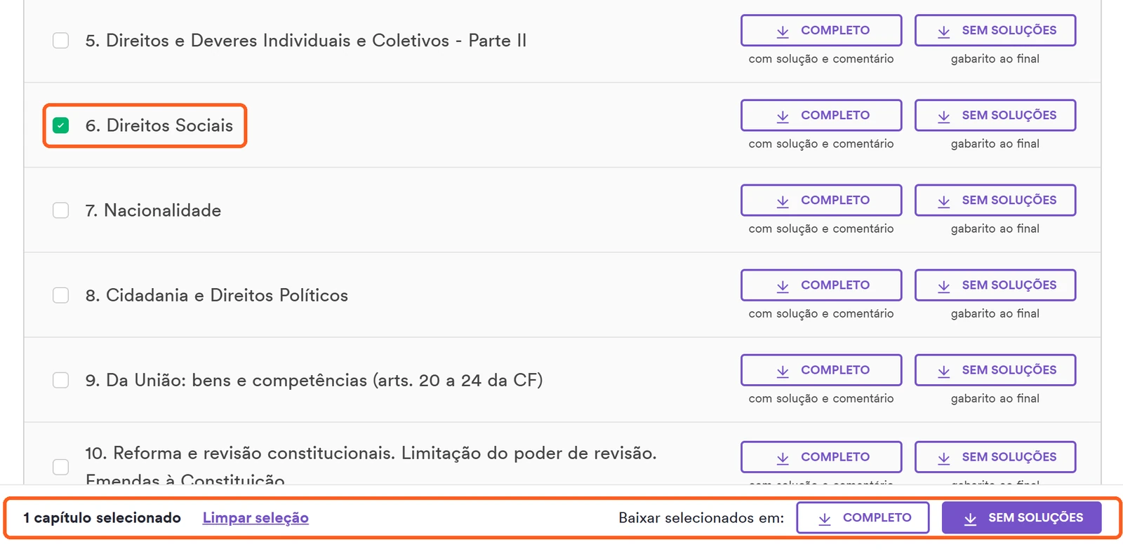 Capítulo Direitos Sociais marcado na lista e barra inferior com a opção Baixar selecionados em Completo ou Sem soluções