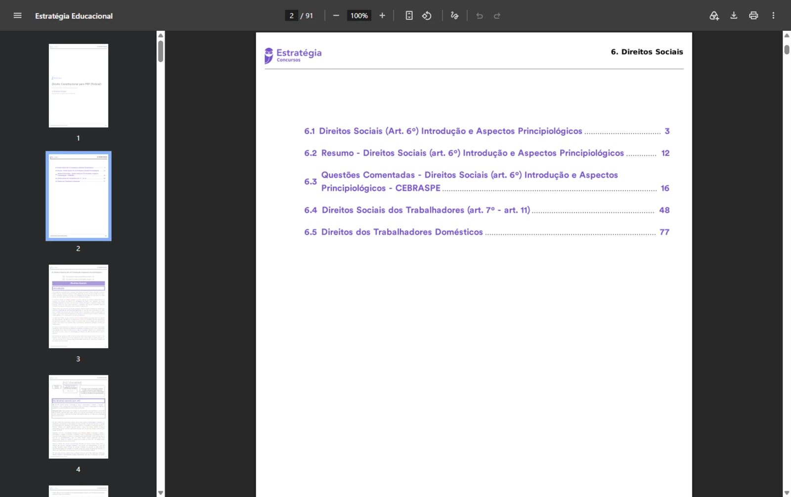 PDF do capítulo Direitos Sociais aberto, mostrando a capa com o nome do curso, do professor e a data de atualização