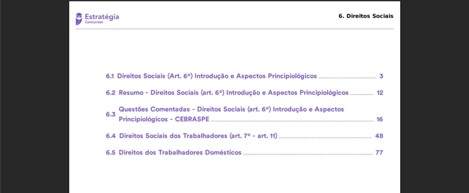 Sumário do PDF do capítulo Direitos Sociais com as seções e o número das páginas