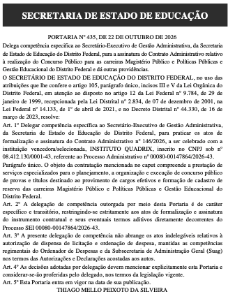 SEDF: contrato com o Instituto Quadrix pode ser assinado